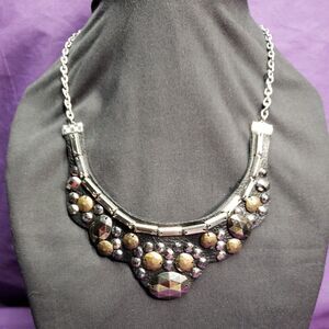 Daisy Fuentes Signed Faux Leather Necklace, bronze silver gunmetal accents